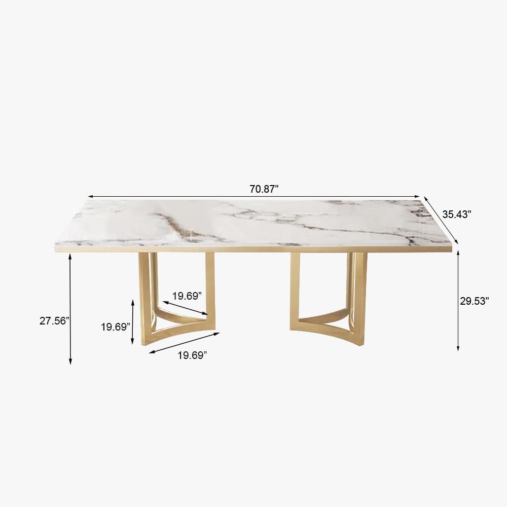 POVISON Marble Dining Table for 6, Modern Dining Room Table 71" for Kitchen & Dining Room, Luxury White Marble Table Top with Gold Trestle Pedestal(Dining Table Only)