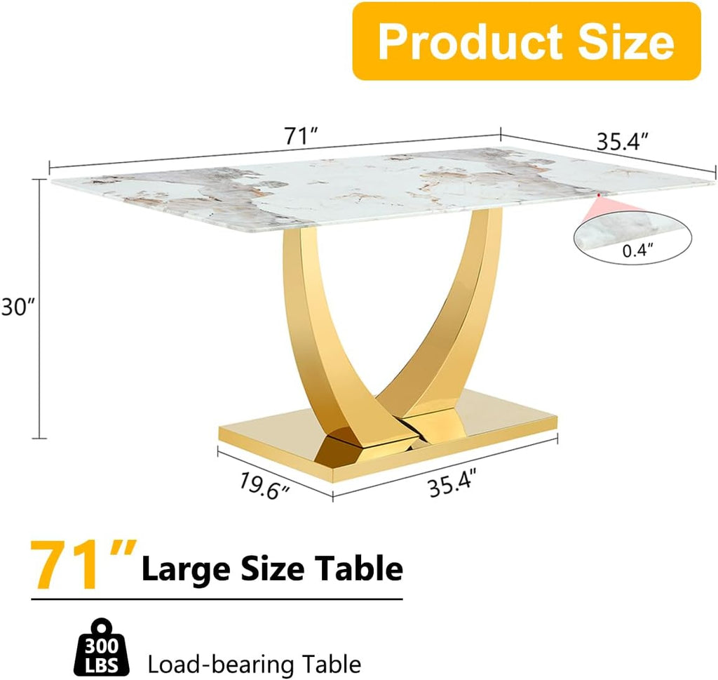 71”Faux Marble Dining Table, Dining Room Table for 6-8, Gold Kitchen Table,0.4 Thickened Marble Pattern Tempered Glass Top with Golden Rectangular Base