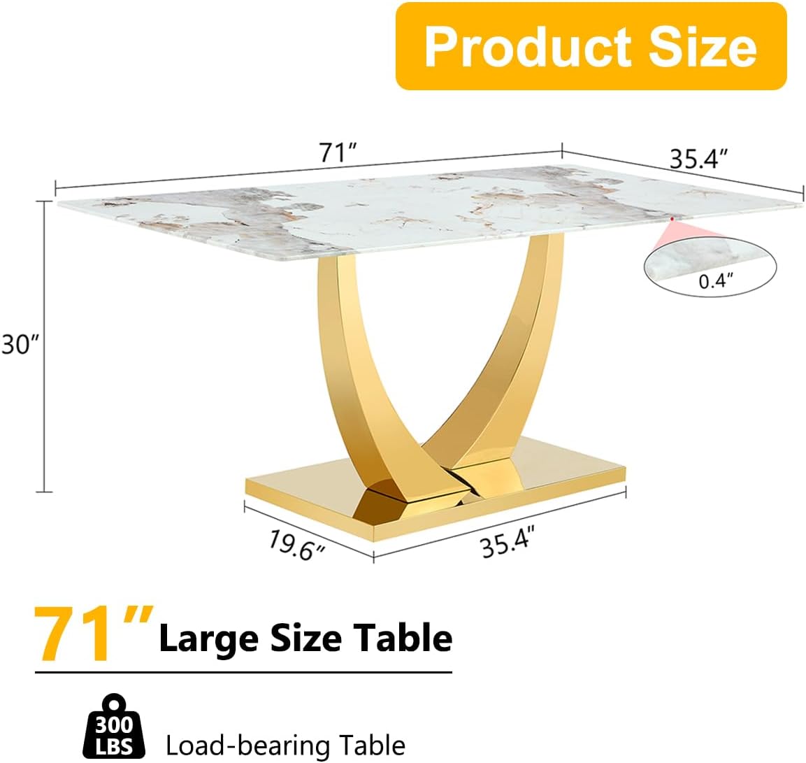 71”Faux Marble Dining Table, Dining Room Table for 6-8, Gold Kitchen Table,0.4 Thickened Marble Pattern Tempered Glass Top with Golden Rectangular Base