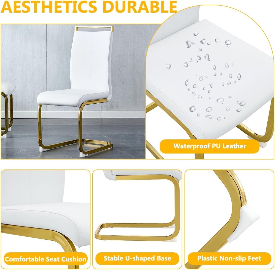 Faux Marble Dining Table Set for 6,71” Modern Dining Room Table Set for 6,Luxury Gold Kitchen Table and 6 White PU Leather Chairs, Rectangular Tempered Glass Table Set with Glossy Marble Top