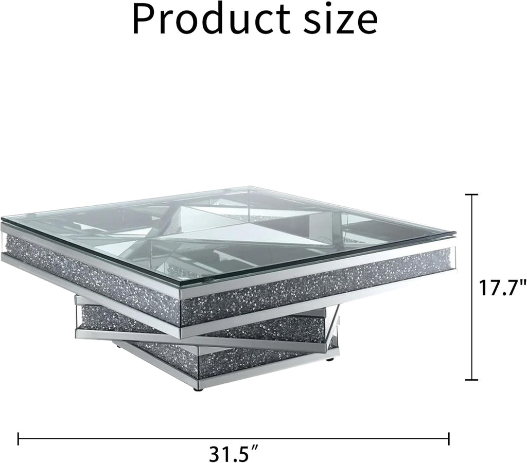 Silver Mirrored Coffee Table 31.5" Square Center Table with Sparkling Crystal Base Modern Luxury Mirrored Coffee Cocktail Tables with Diamond Glass Finish for Living Room Bedroom