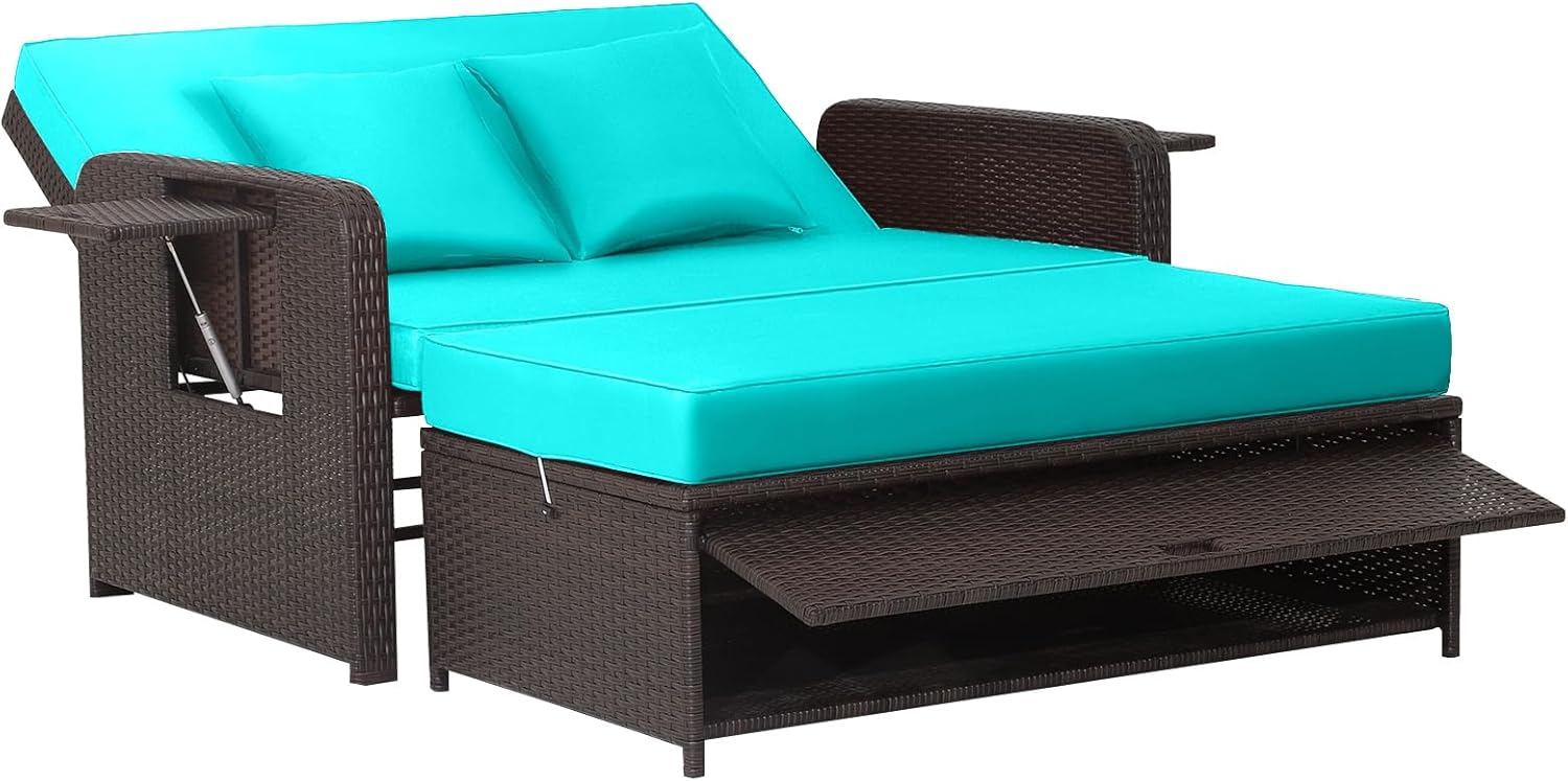 Tangkula Patio Rattan Daybed with 4-Level Adjustable Backrest, Outdoor PE Wicker Loveseat with Storage Ottoman & Folding Side Tray, Double Sunbed Lounger for Balcony, Backyard & Poolside, Turquoise