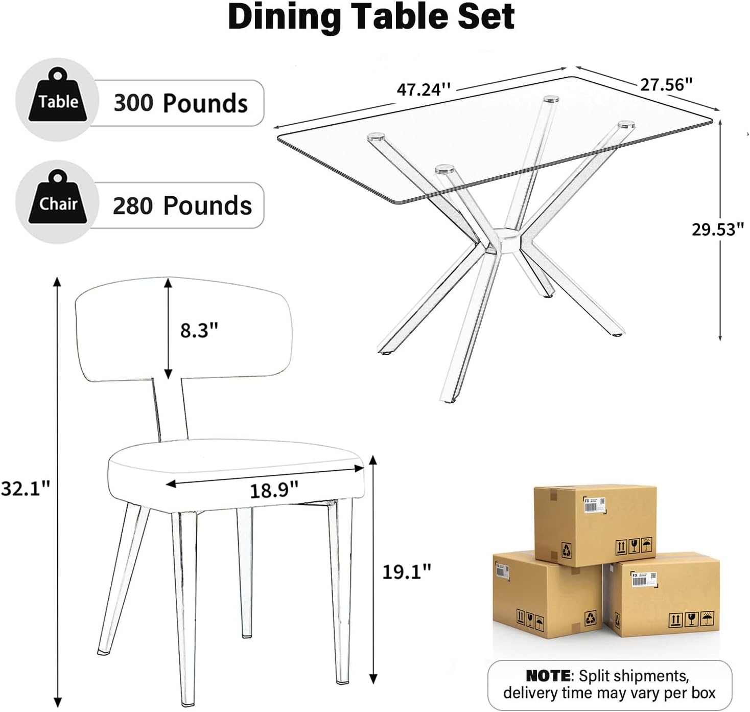 Luxury Modern Dining Set, 47" Glass Table with 4 Boucle Dining Chairs, Kitchen Table with Stable Metal Legs(All Black)