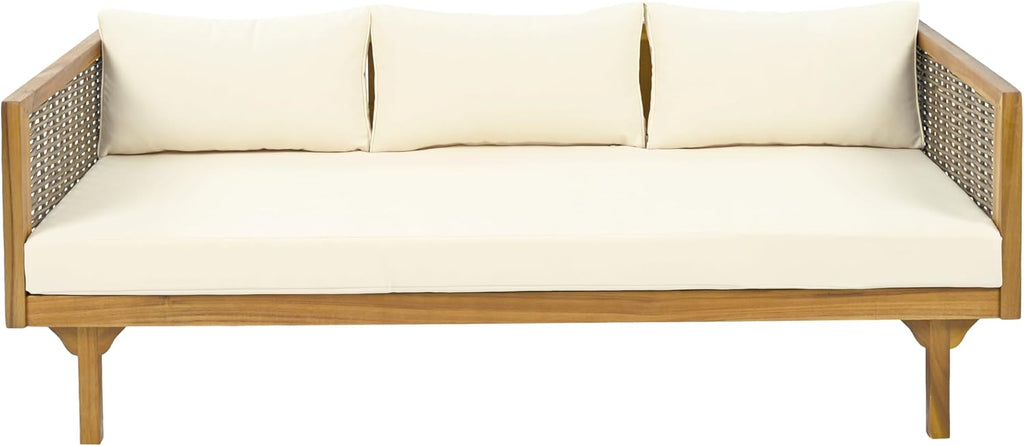 Merax 67.5" Outdoor Patio Daybed 3 Seater Sofa Bed,Acacia Wood Frame with Rattan Arm,Cushion & Pillow