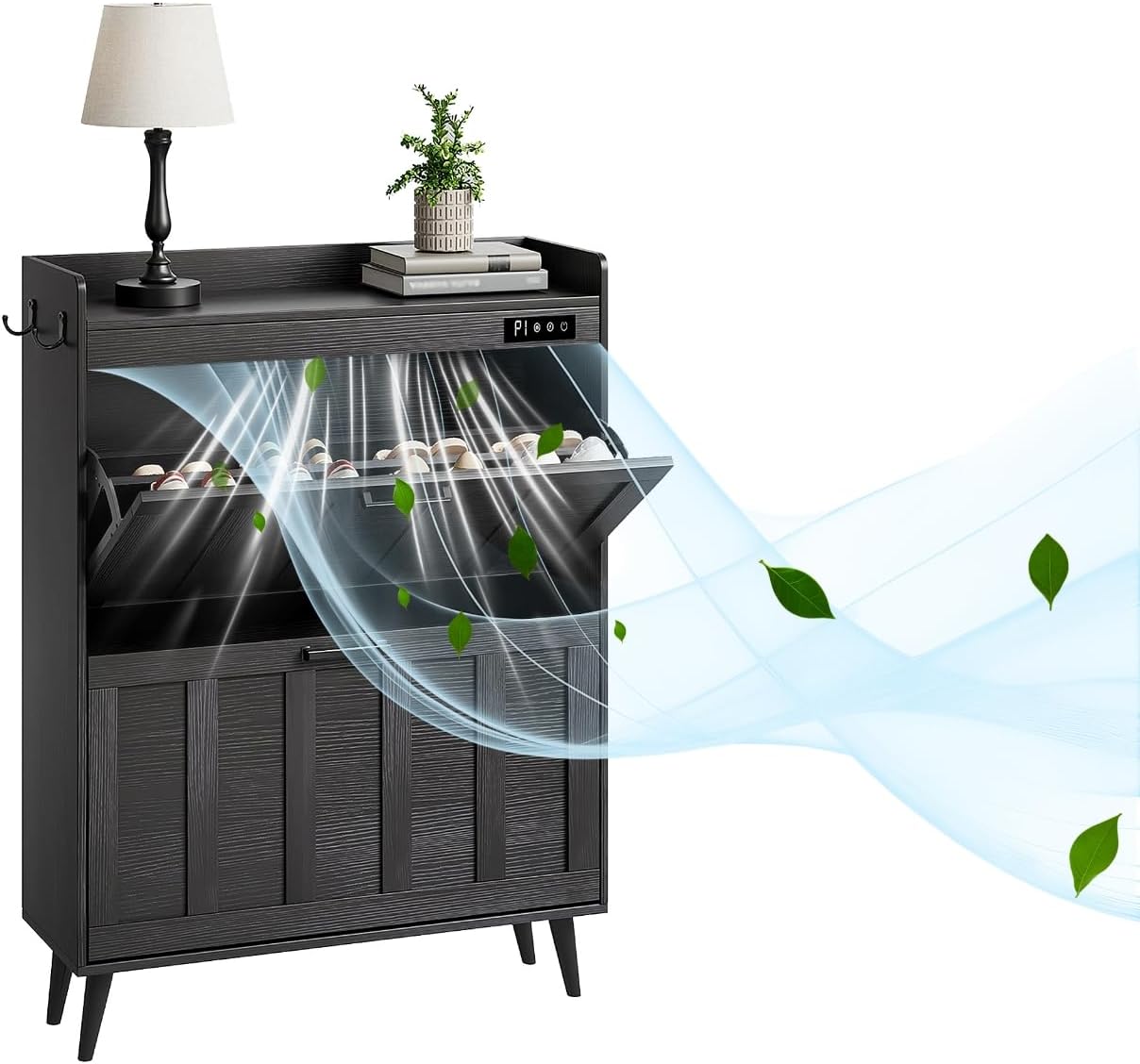 ChooChoo Shoe Storage Cabinet with 2 Flip Drawers, Deodorizing Shoe Organizer Storage for Entryway, Freestanding Hidden Slim Narrow Shoe Rack Cabinet, Walnut