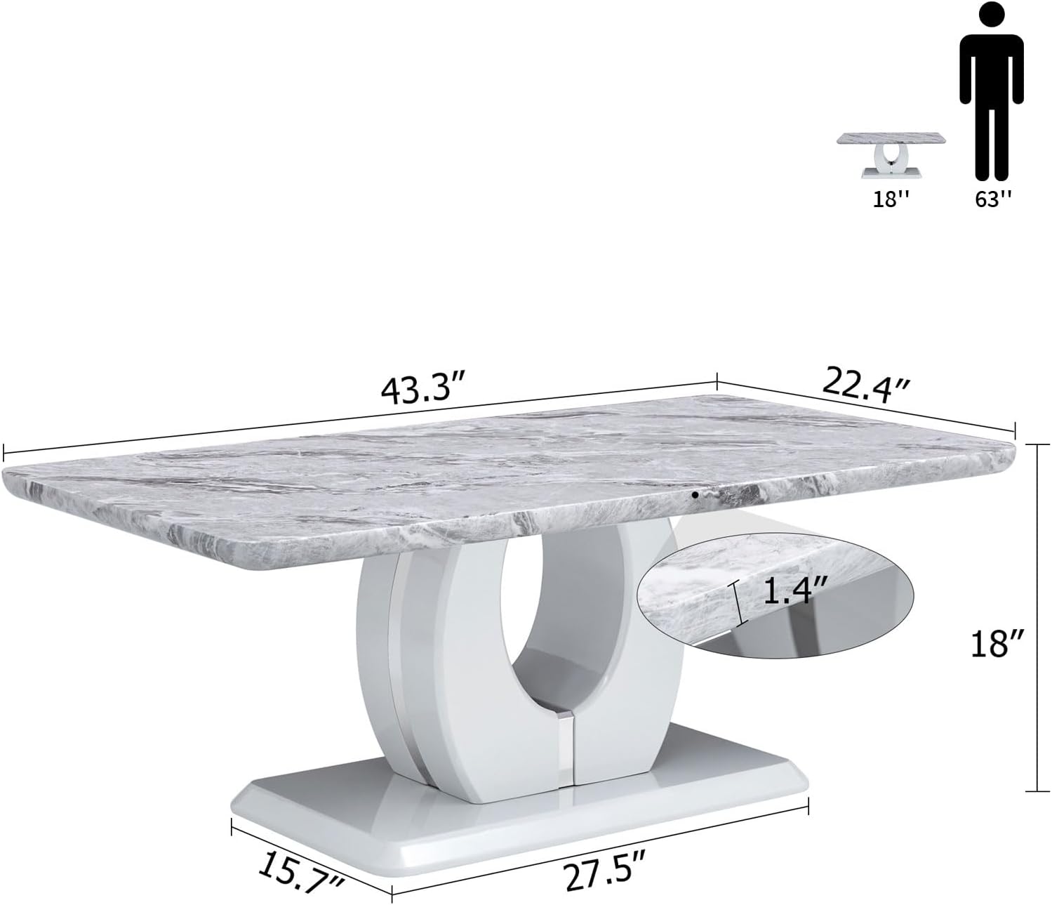 Marble Coffee Table for Living Room, Modern Luxury Rectangle Coffee Table with Storage, Tea Tables for Small Space Office Apartment (43" L×22.4''W×18''H-Grey)