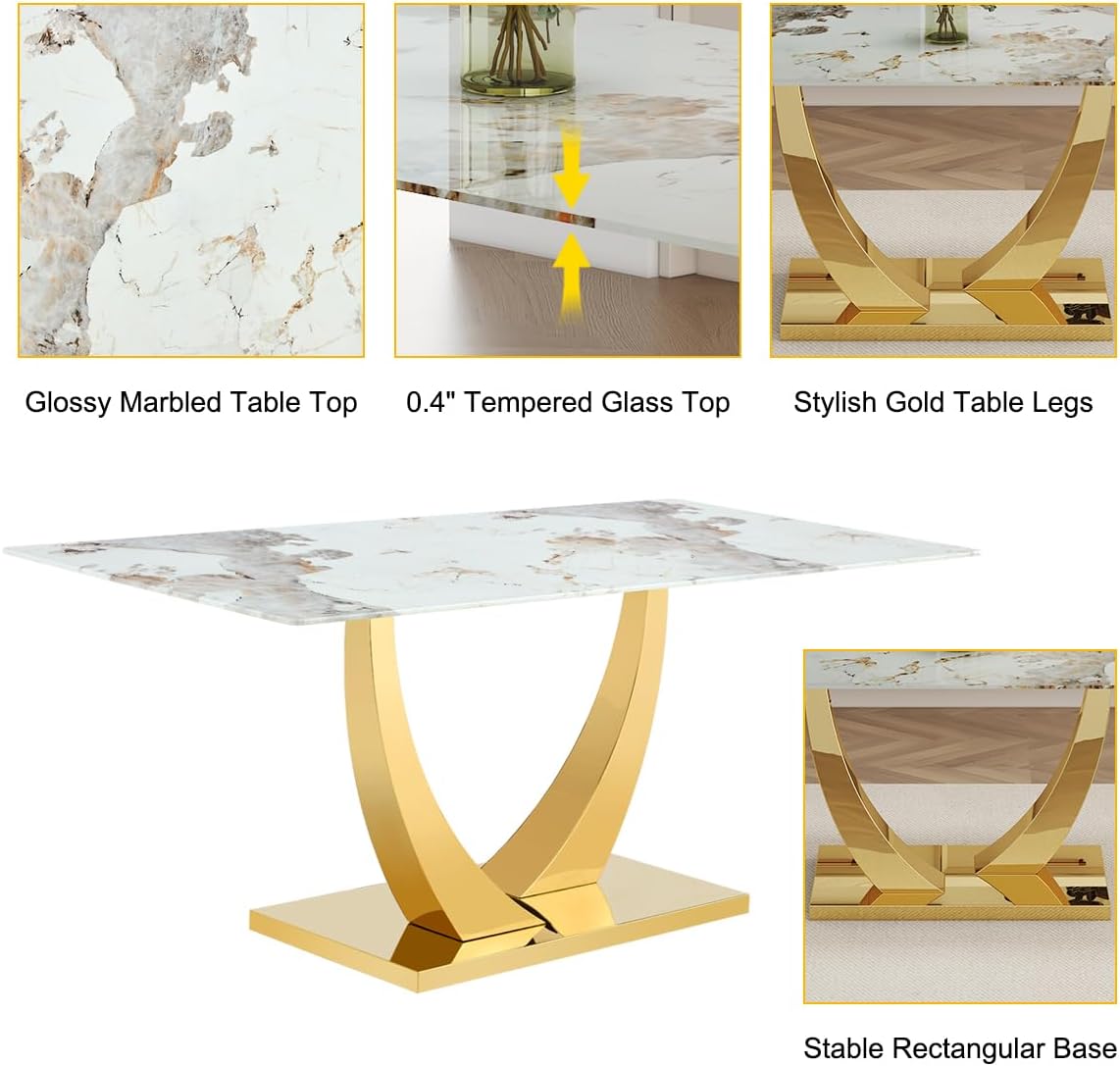 Faux Marble Dining Table Set for 6,71” Modern Dining Room Table Set for 6,Luxury Gold Kitchen Table and 6 White PU Leather Chairs, Rectangular Tempered Glass Table Set with Glossy Marble Top