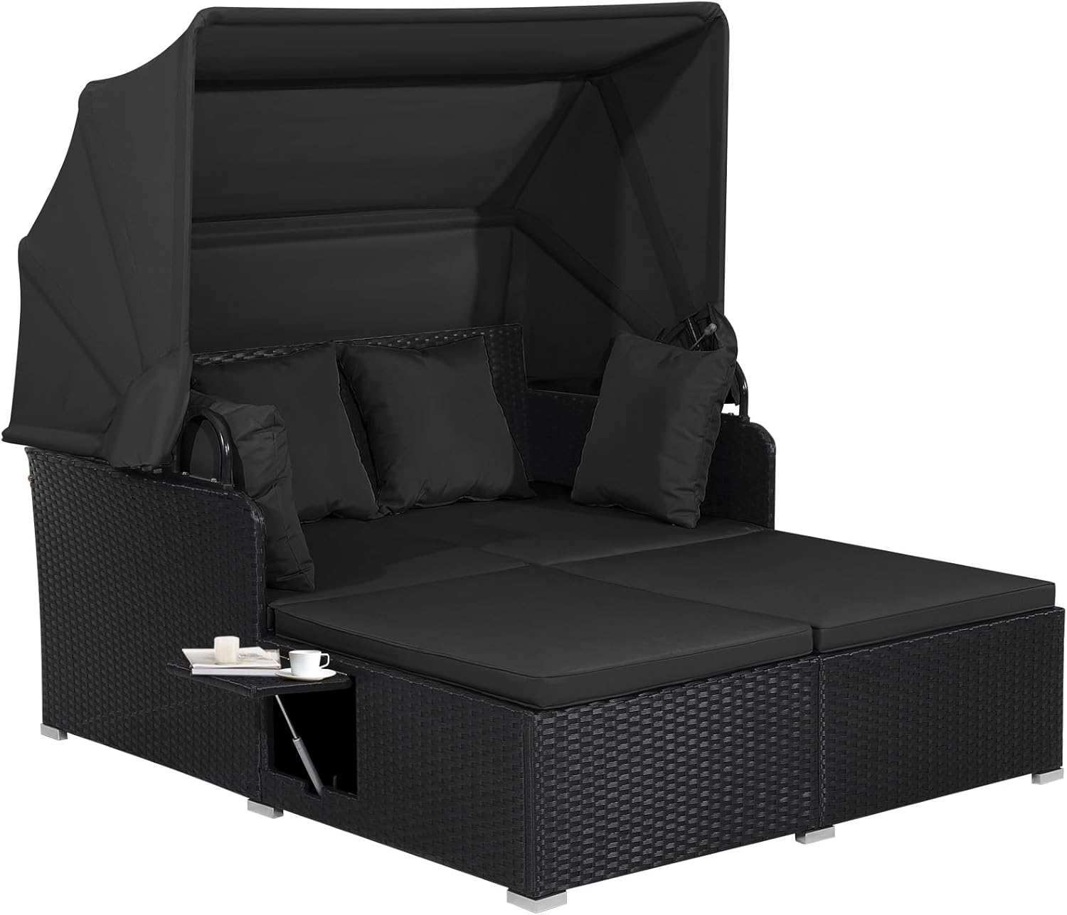 Tangkula Outdoor Rattan Daybed, Wicker Furniture with Spacious Seat, Upholstered Cushion & High-Resilience Sponge, Patio Sofa Set with 4 Pillows, 2-Person Sunbed for Poolside Backyard Garden & Balcony