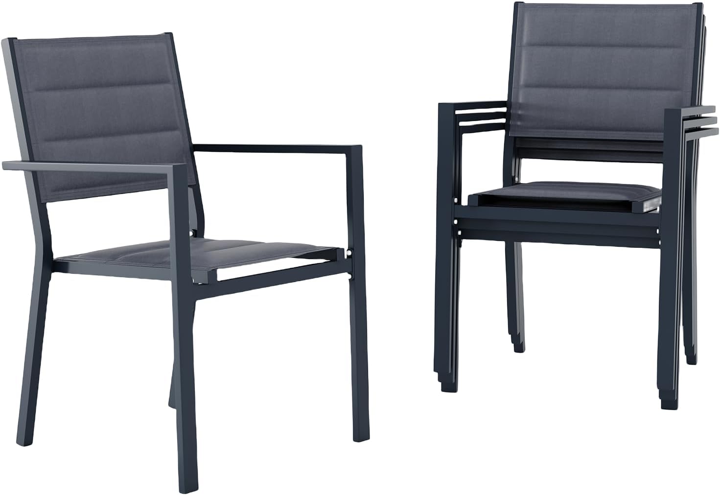 GarveeLife 4 Piece Aluminum Patio Stackable Dining Chairs Set, Outdoor Metal Lightweight Stacking Dining Chair with Textilene Fabric, for Backyard Lawn Deck Poolside Porch Bistro, Dark Grey