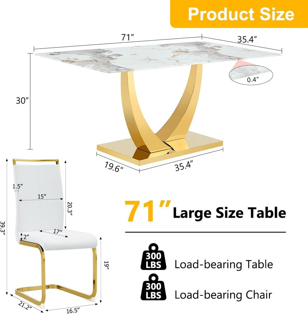Faux Marble Dining Table Set for 6,71” Modern Dining Room Table Set for 6,Luxury Gold Kitchen Table and 6 White PU Leather Chairs, Rectangular Tempered Glass Table Set with Glossy Marble Top