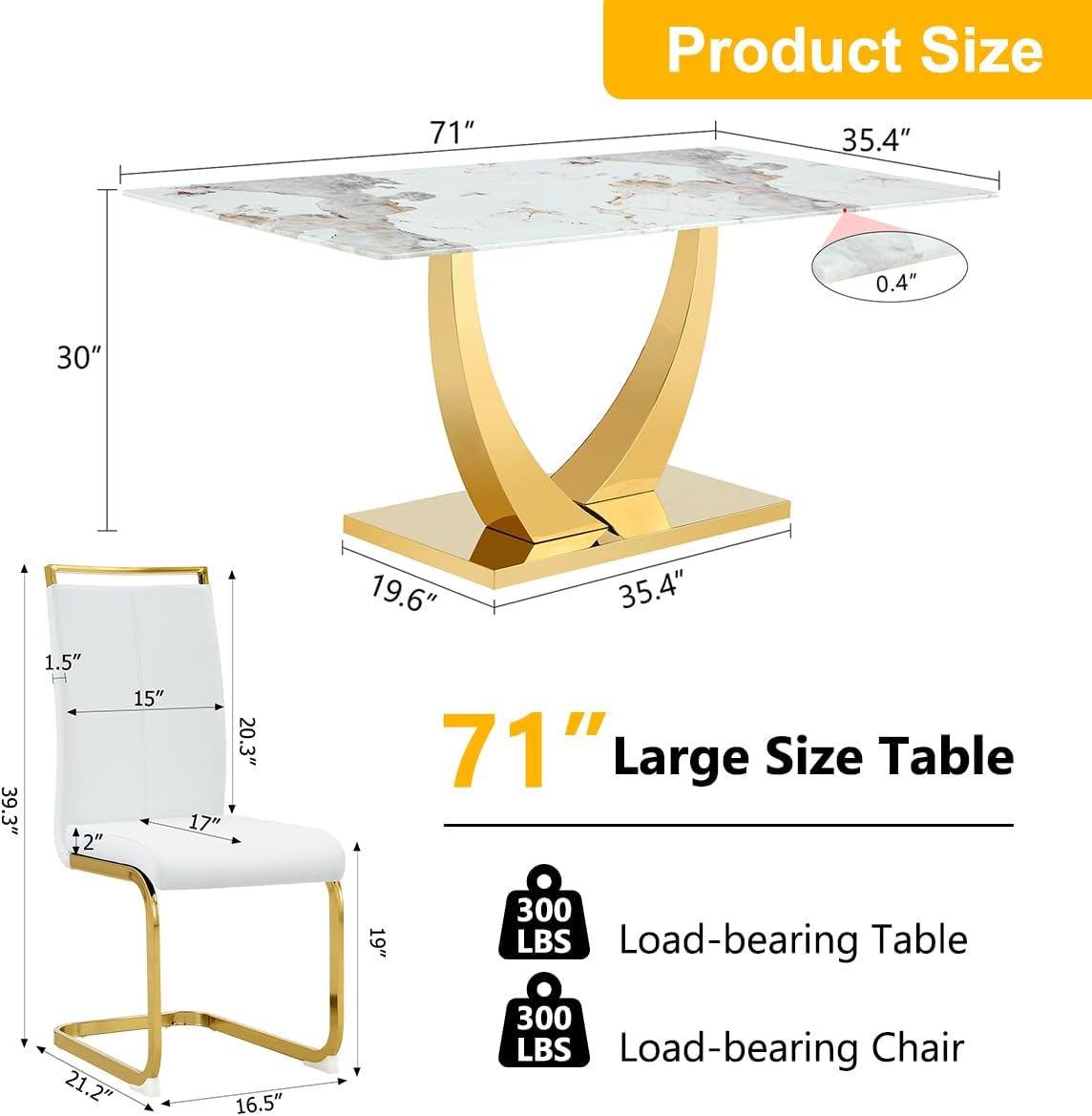 Faux Marble Dining Table Set for 6,71” Modern Dining Room Table Set for 6,Luxury Gold Kitchen Table and 6 White PU Leather Chairs, Rectangular Tempered Glass Table Set with Glossy Marble Top