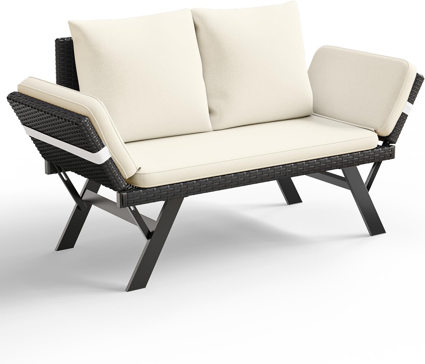 TAVATA Outdoor Convertible Sofa, PE Woven Rattan Patio Loveseat with Adjustable Armrests & Removable Cushions, Outdoor Daybed or Balcony Couch with 2 Pillows for Patio, Porch, Poolside (Grey)