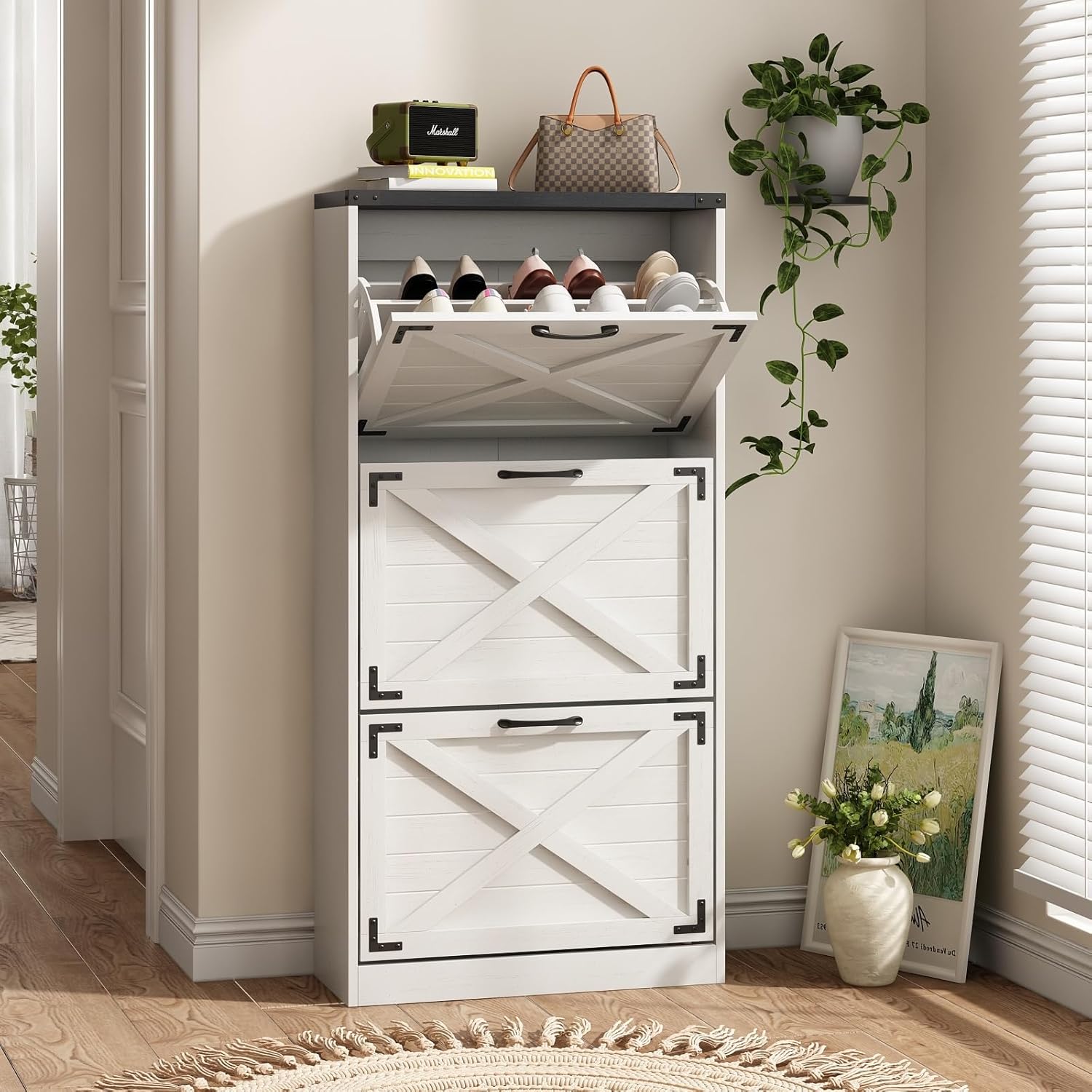 Maupvit 24" W Farmhouse Shoe Cabinet Storage for Entryway, Freestanding Organizer with 2 Flip Drawers, Narrow Shoe Rack Cabinet with Metal Corner Decoration, Washed Gray