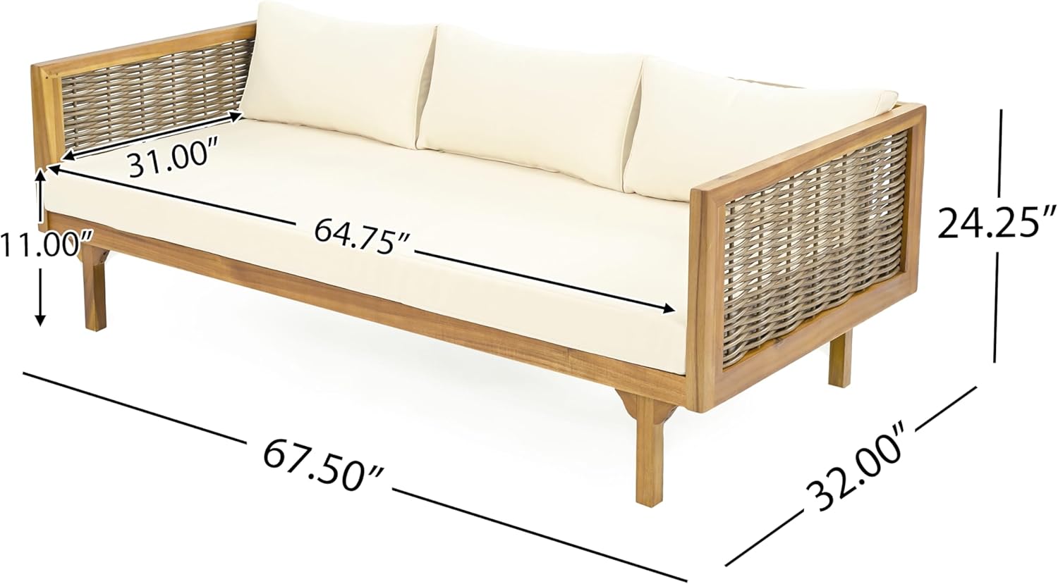 Merax 67.5" Outdoor Patio Daybed 3 Seater Sofa Bed,Acacia Wood Frame with Rattan Arm,Cushion & Pillow