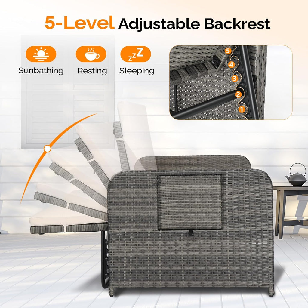 VINGLI Patio Daybed, Wicker Outdoor Daybed with Storage Ottoman & 5-Level Adjustable Backrest, All-Weather Rattan Cushioned Patio Loveseat Sofa for Garden Balcony Backyard (Beige, Gray)