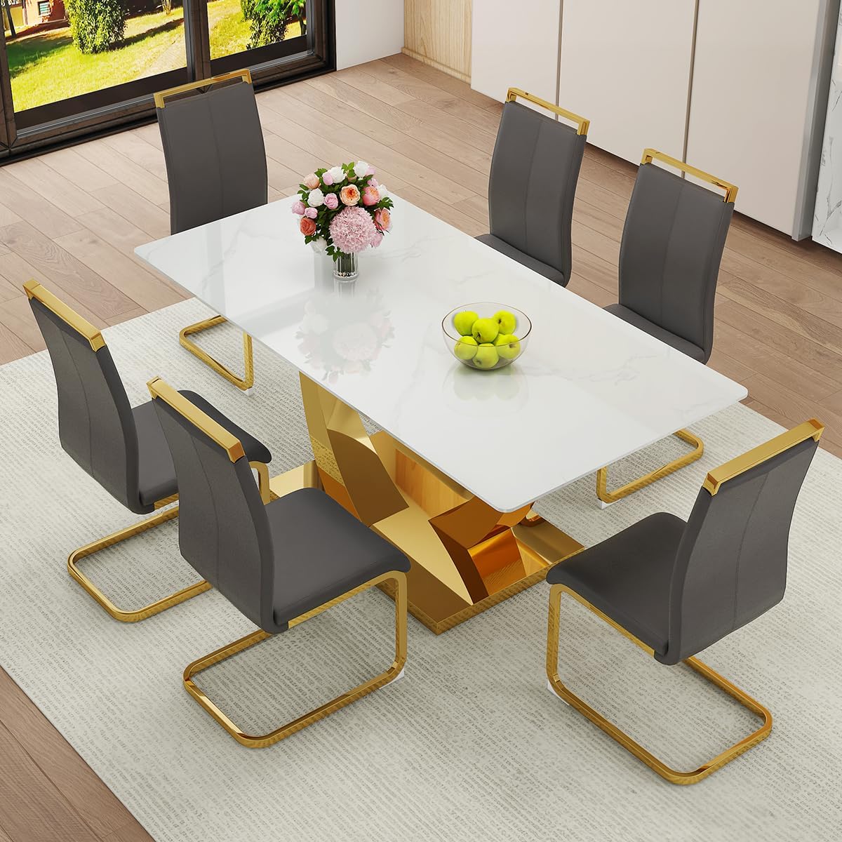 Faux Marble Dining Table Set for 6,71” Modern Dining Room Table Set for 6,Luxury Gold Kitchen Table and 6 White PU Leather Chairs, Rectangular Tempered Glass Table Set with Glossy Marble Top