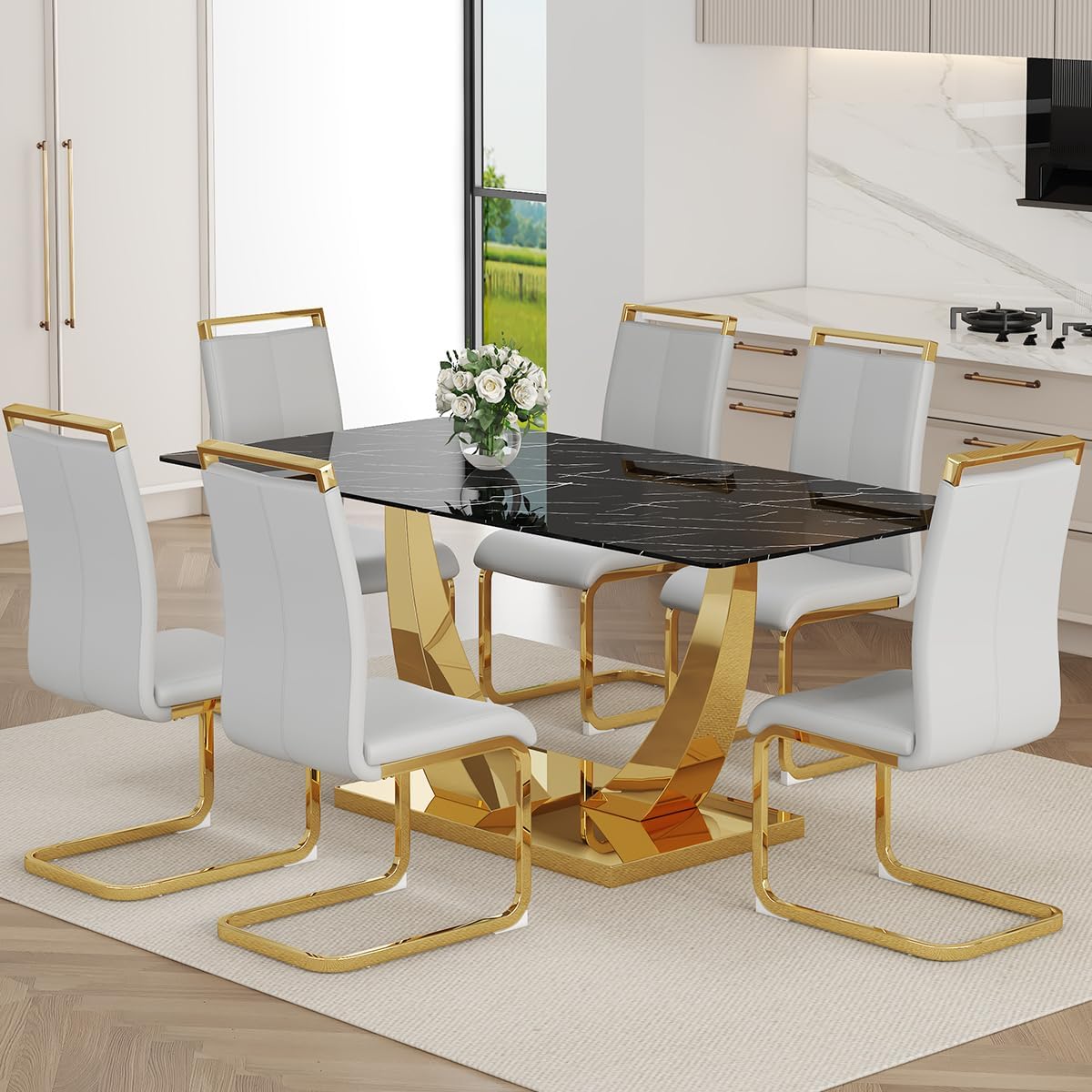 Faux Marble Dining Table Set for 6,71” Modern Dining Room Table Set for 6,Luxury Gold Kitchen Table and 6 White PU Leather Chairs, Rectangular Tempered Glass Table Set with Glossy Marble Top