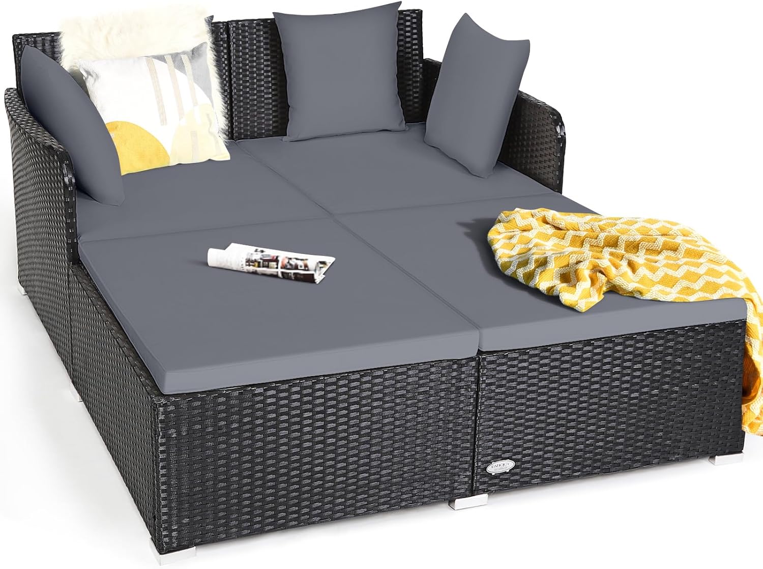 Tangkula Patio Rattan Daybed, Patiojoy Wicker Daybed Lounger w/Retractable Canopy, 2 Foldable Side Panels, Thick Seat & Back Cushions, for Garden, Backyard, Porch (Off White)