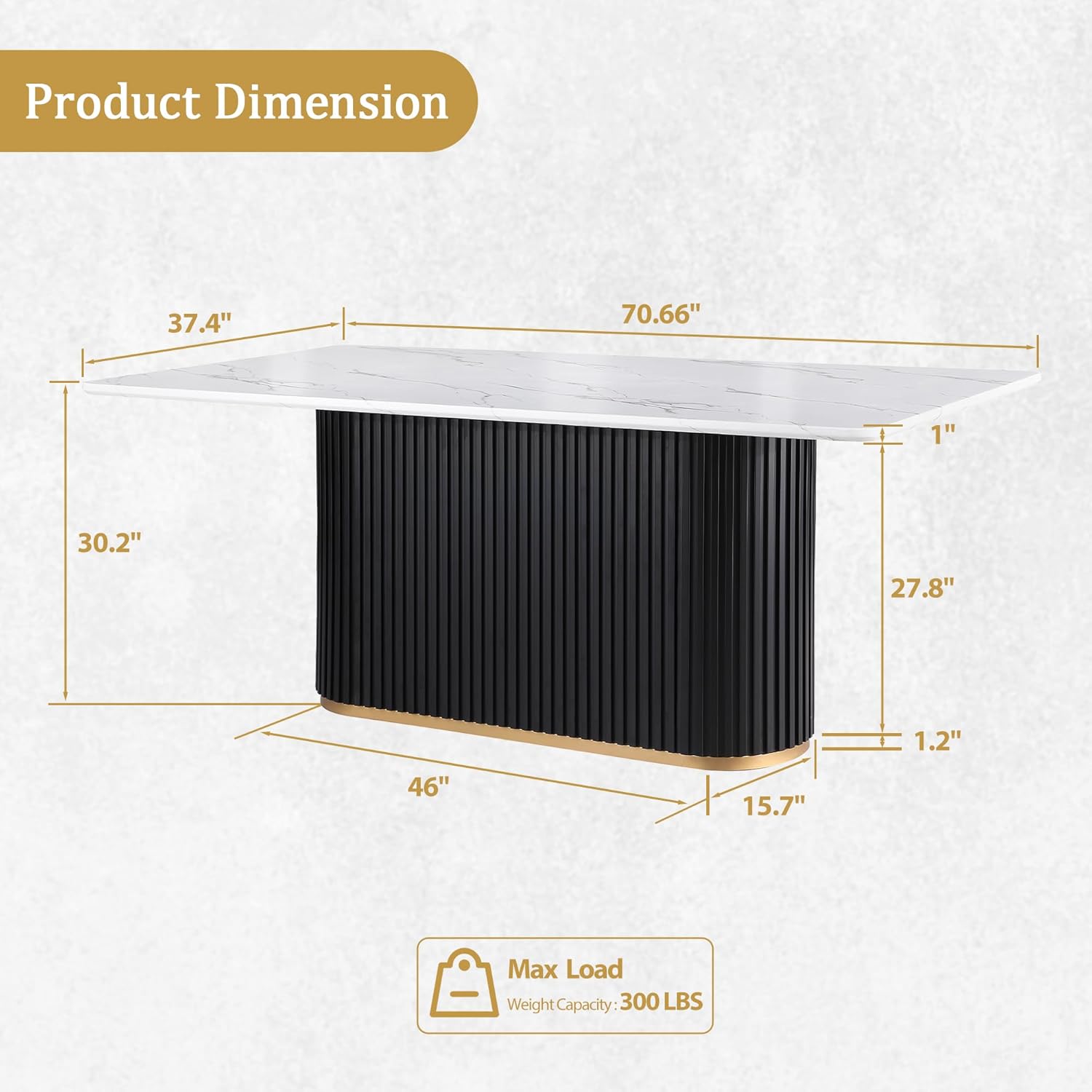 Morden Fort Modern Dining Table for 6, 70" Faux Marble Dining Table with Black Fluted Base and White Rectangle Top for Ktichen, Reception and Conference