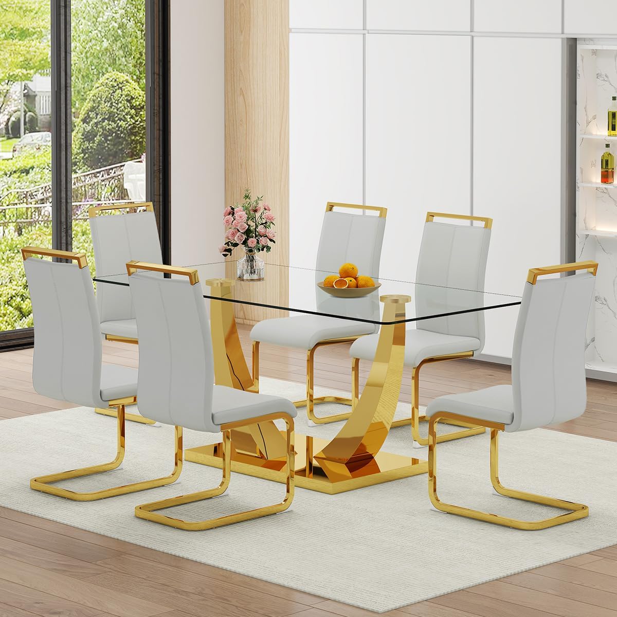 Faux Marble Dining Table Set for 6,71” Modern Dining Room Table Set for 6,Luxury Gold Kitchen Table and 6 White PU Leather Chairs, Rectangular Tempered Glass Table Set with Glossy Marble Top