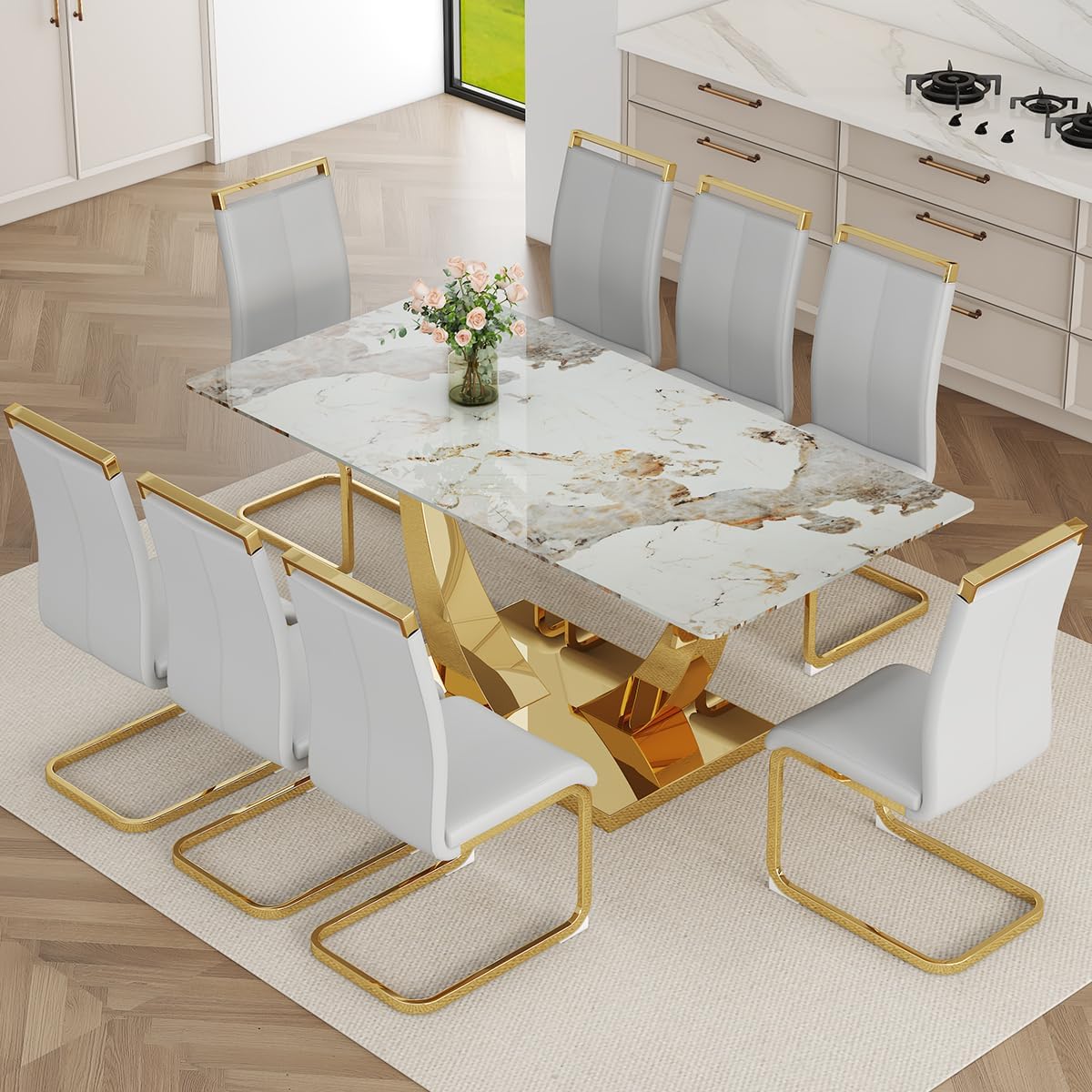 Faux Marble Dining Table Set for 6,71” Modern Dining Room Table Set for 6,Luxury Gold Kitchen Table and 6 White PU Leather Chairs, Rectangular Tempered Glass Table Set with Glossy Marble Top