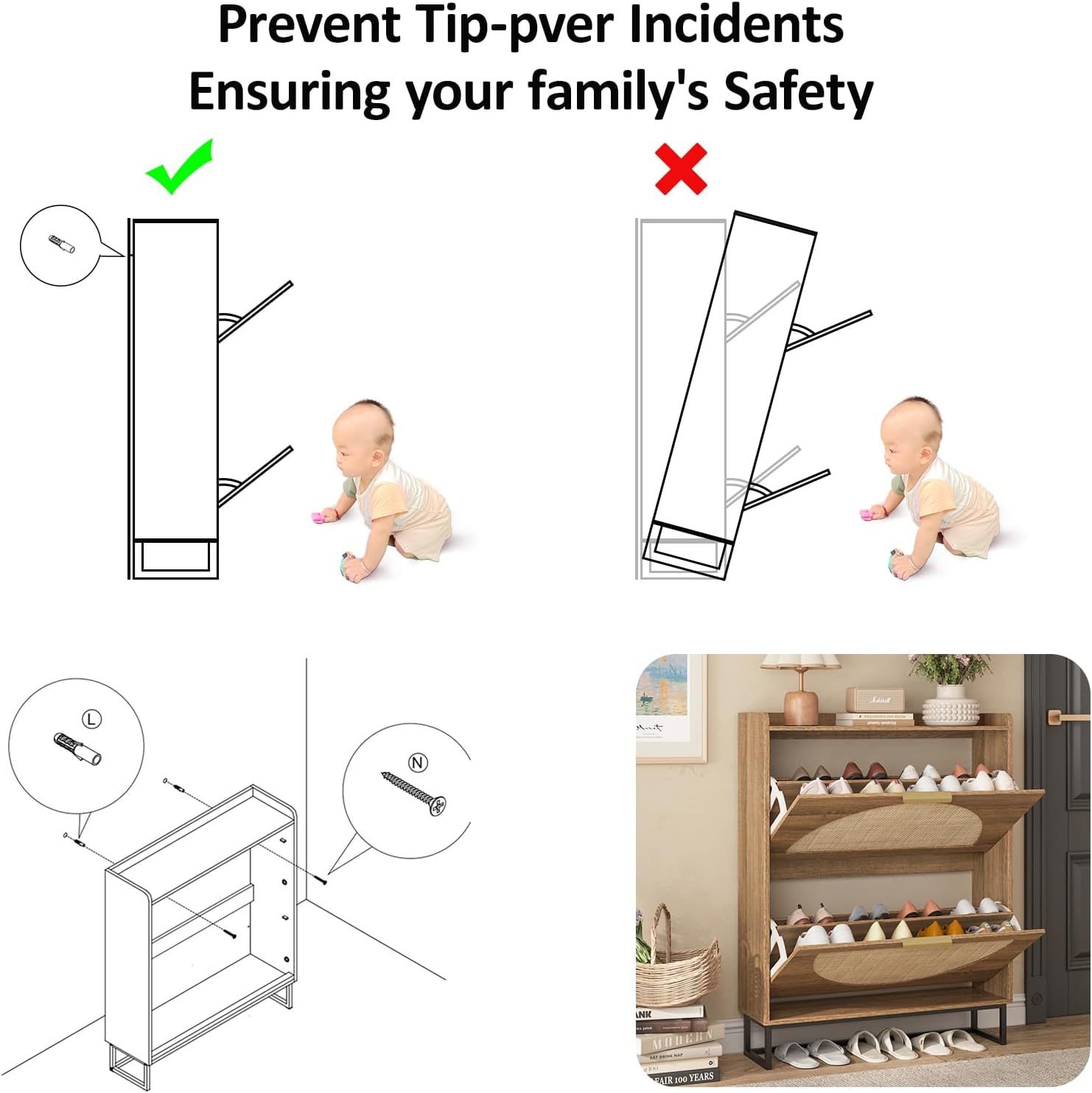 Maupvit Rattan Shoe Storage Cabinet with 2 Flip Drawers, Freestanding Shoe Organizer with Metal Legs for Entryway, Hidden Golden Handles, Narrow Shoe Rack Cabinet, Rustic Oak Rattan