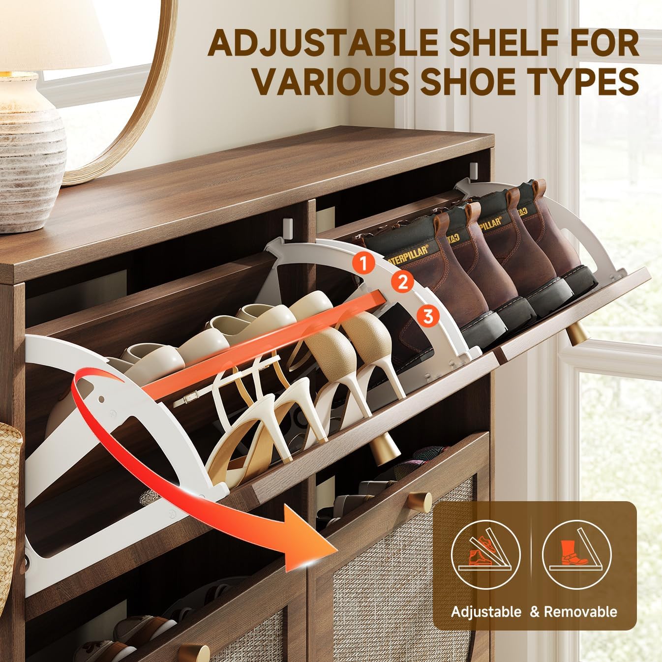 Nicetree Freestanding Ultra Slim Arched Rattan Accent Shoe Storage Cabinet for Entryway - 4 Flip Drawers & 3-Tier Adjustable Shelves, Farmhouse Modern Rustic Shoe Rack for Hallway, Foyer