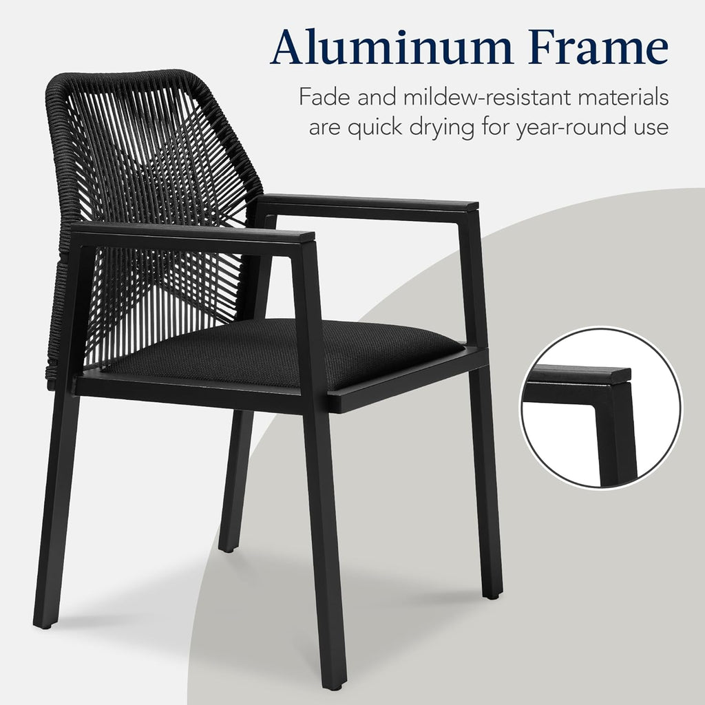 Best Choice Products Outdoor Dining Arm Chair Set of 2, Aluminum Frame with Armrest, All-Weather Woven Rope Chair Design - Black/Obsidian