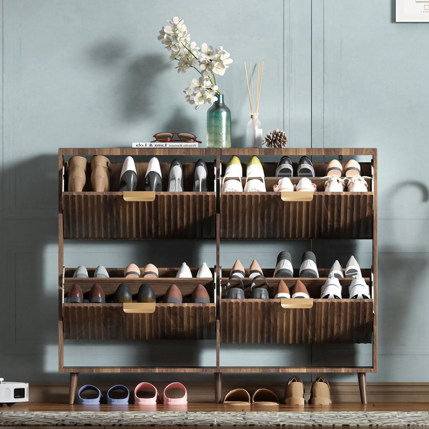 Shoe Cabinet Storage,Modern Freestanding Organizer with 2 Flip Drawers,Narrow Shoe Rack Cabinet for Entryway,Walnut