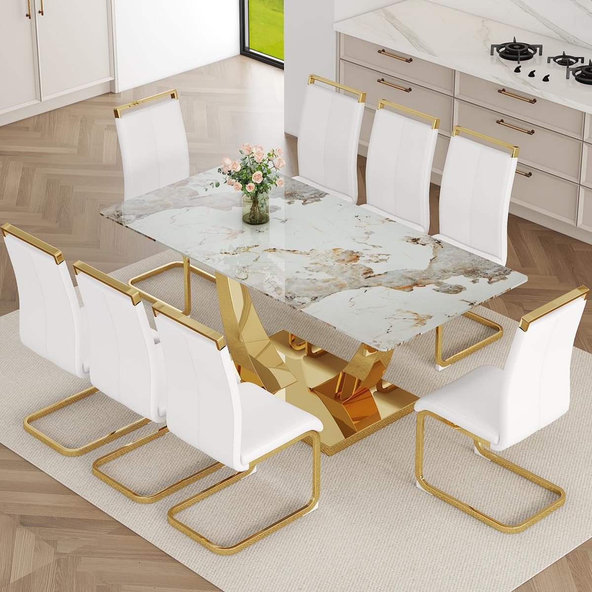 Faux Marble Dining Table Set for 6,71” Modern Dining Room Table Set for 6,Luxury Gold Kitchen Table and 6 White PU Leather Chairs, Rectangular Tempered Glass Table Set with Glossy Marble Top