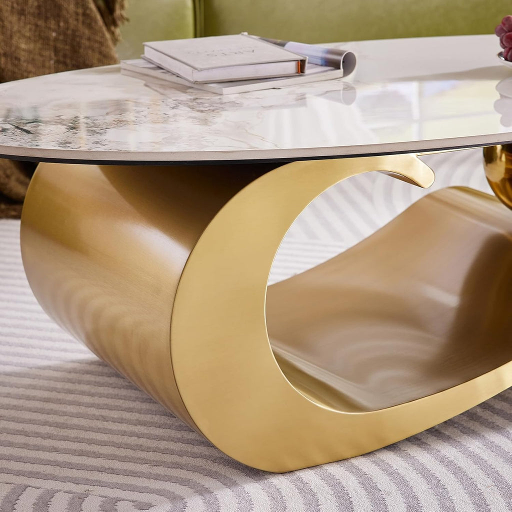 49.2-Inch Modern Oval Faux Marble Coffee Table with Sturdy Gold Metal Base - Luxury Living Room Furniture for Home Decor | Scratch-Resistant & Easy Assembly (Gold)
