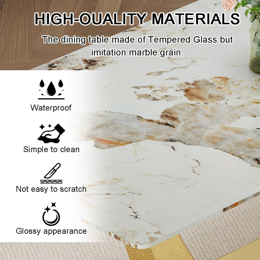 71”Faux Marble Dining Table, Dining Room Table for 6-8, Gold Kitchen Table,0.4 Thickened Marble Pattern Tempered Glass Top with Golden Rectangular Base