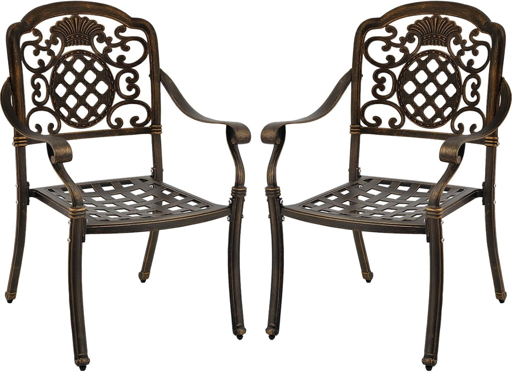 Set of 2 Cast Aluminum Patio Dining Chairs, Outdoor Bistro Stackable Chairs with Armrest, Patio Chair with Adjustable Feet, for Balcony, Backyard, Garden (Bronze, Without Cushion)