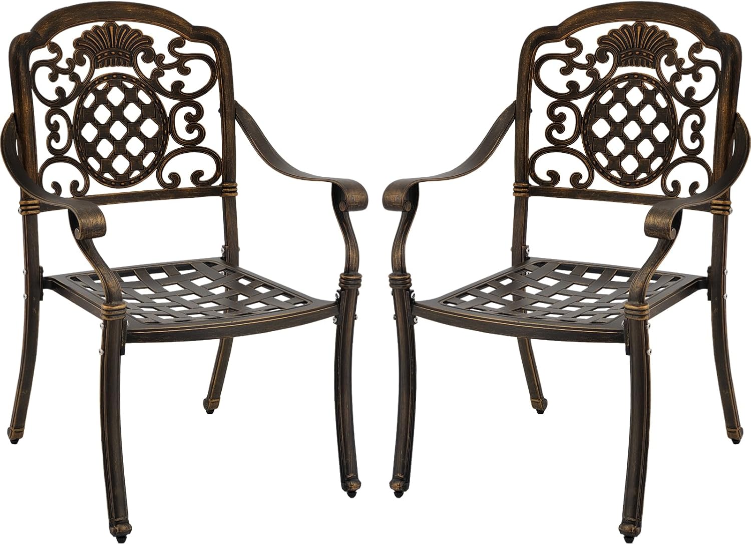 Set of 2 Cast Aluminum Patio Dining Chairs, Outdoor Bistro Stackable Chairs with Armrest, Patio Chair with Adjustable Feet, for Balcony, Backyard, Garden (Bronze, Without Cushion)