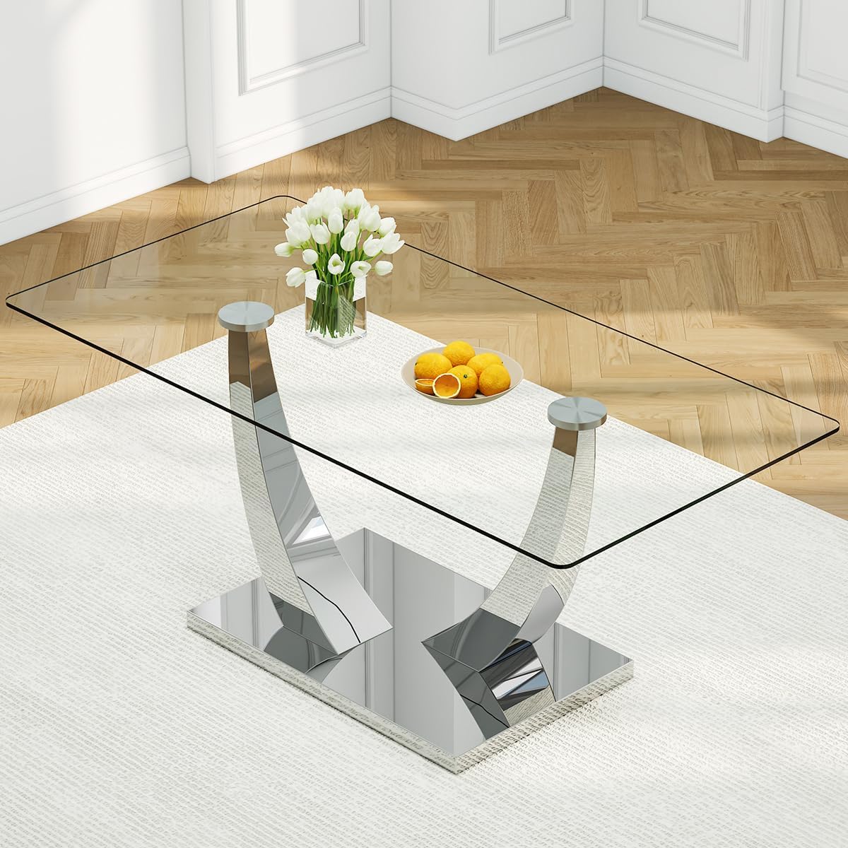 71”Faux Marble Dining Table, Dining Room Table for 6-8, Gold Kitchen Table,0.4 Thickened Marble Pattern Tempered Glass Top with Golden Rectangular Base