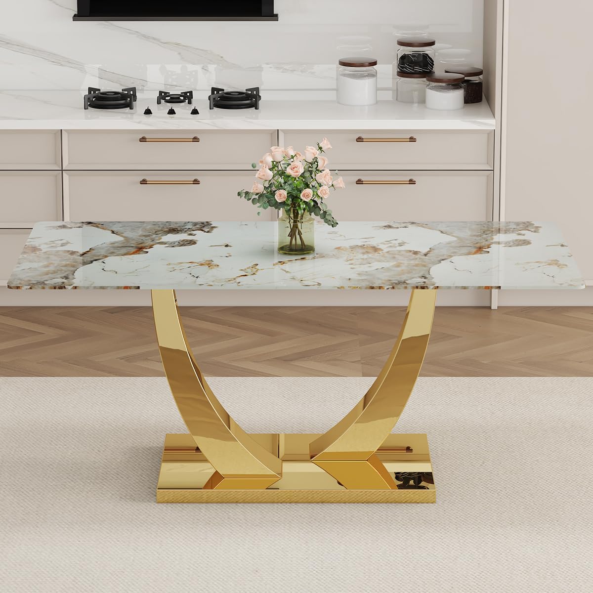 71”Faux Marble Dining Table, Dining Room Table for 6-8, Gold Kitchen Table,0.4 Thickened Marble Pattern Tempered Glass Top with Golden Rectangular Base