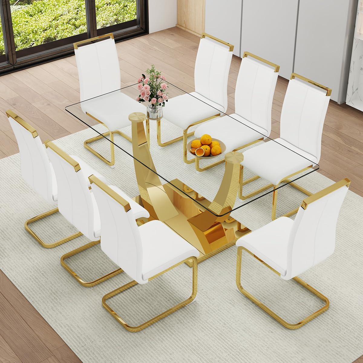 Faux Marble Dining Table Set for 6,71” Modern Dining Room Table Set for 6,Luxury Gold Kitchen Table and 6 White PU Leather Chairs, Rectangular Tempered Glass Table Set with Glossy Marble Top