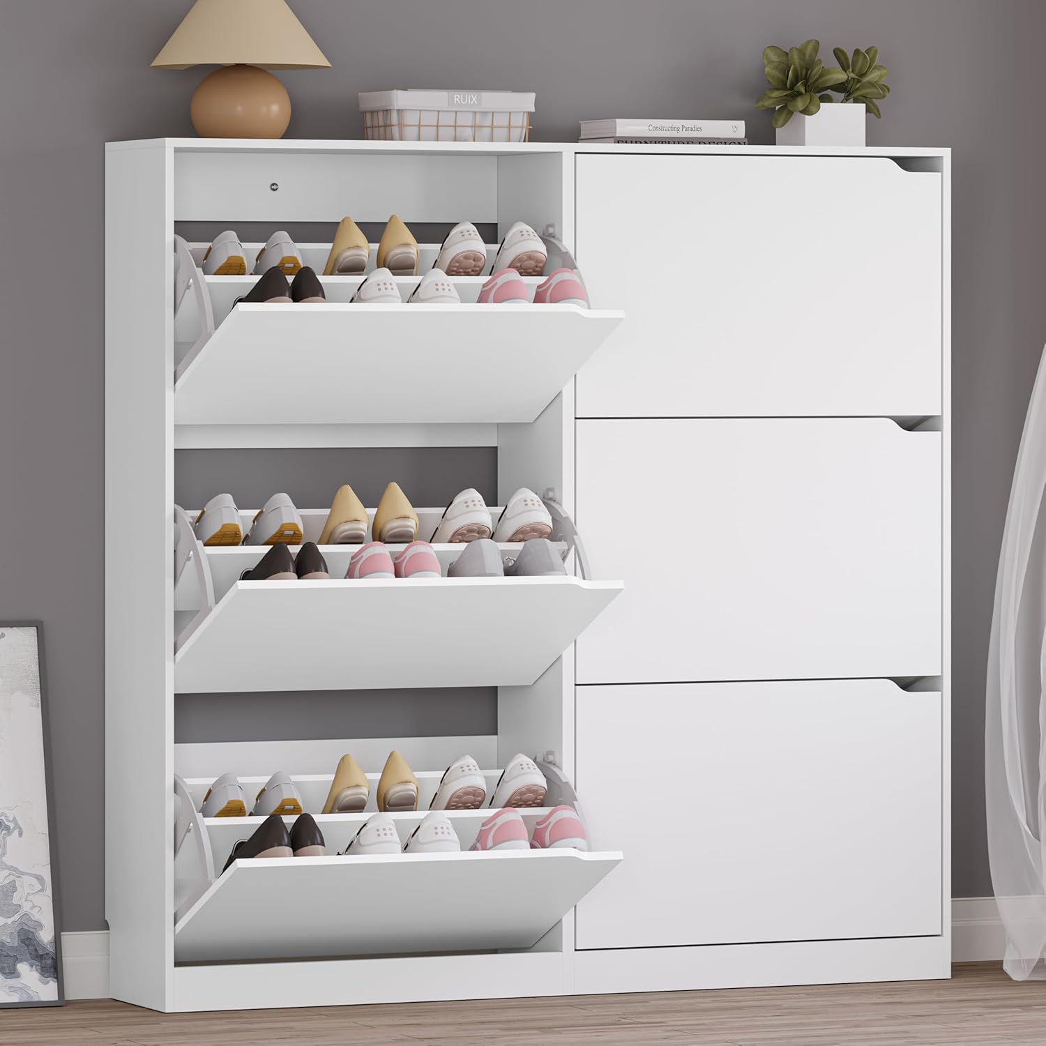 Shoe Cabinet with 4 Flip Drawers, Narrow Hidden Shoe Storage Cabinet, Slim Freestanding Shoe Rack Organizer for Entryway, Hallway, Bedroom, Living Room