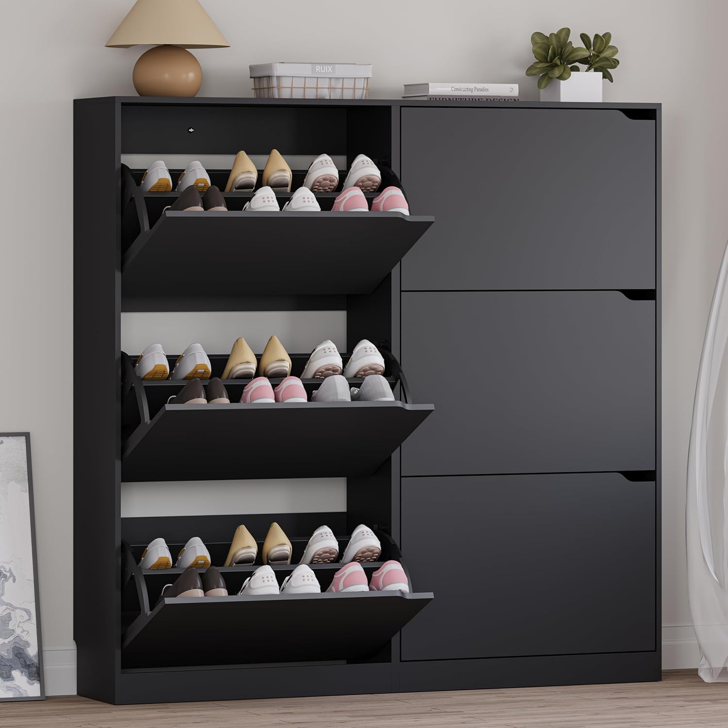 Shoe Cabinet with 4 Flip Drawers, Narrow Hidden Shoe Storage Cabinet, Slim Freestanding Shoe Rack Organizer for Entryway, Hallway, Bedroom, Living Room