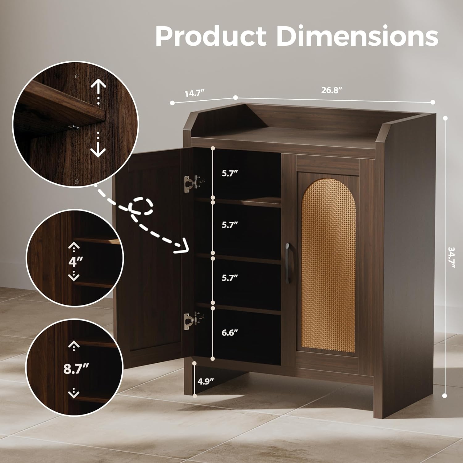 Mericonia Shoe Cabinet Storage for Entryway, Natural Rattan Storage Cabinet, Wooden Shoe Rack, Farmhouse Boho Wood Shoe Organizer Cabinet for Hallway Walnut