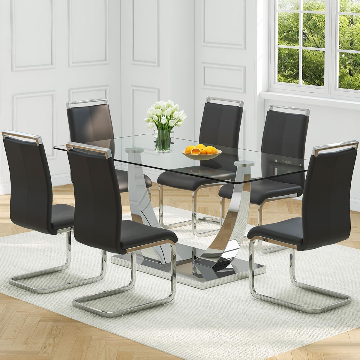 Faux Marble Dining Table Set for 6,71” Modern Dining Room Table Set for 6,Luxury Gold Kitchen Table and 6 White PU Leather Chairs, Rectangular Tempered Glass Table Set with Glossy Marble Top