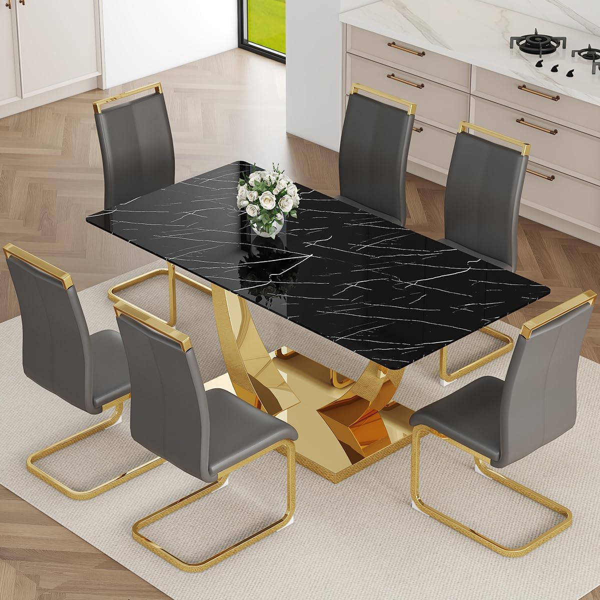 Faux Marble Dining Table Set for 6,71” Modern Dining Room Table Set for 6,Luxury Gold Kitchen Table and 6 White PU Leather Chairs, Rectangular Tempered Glass Table Set with Glossy Marble Top
