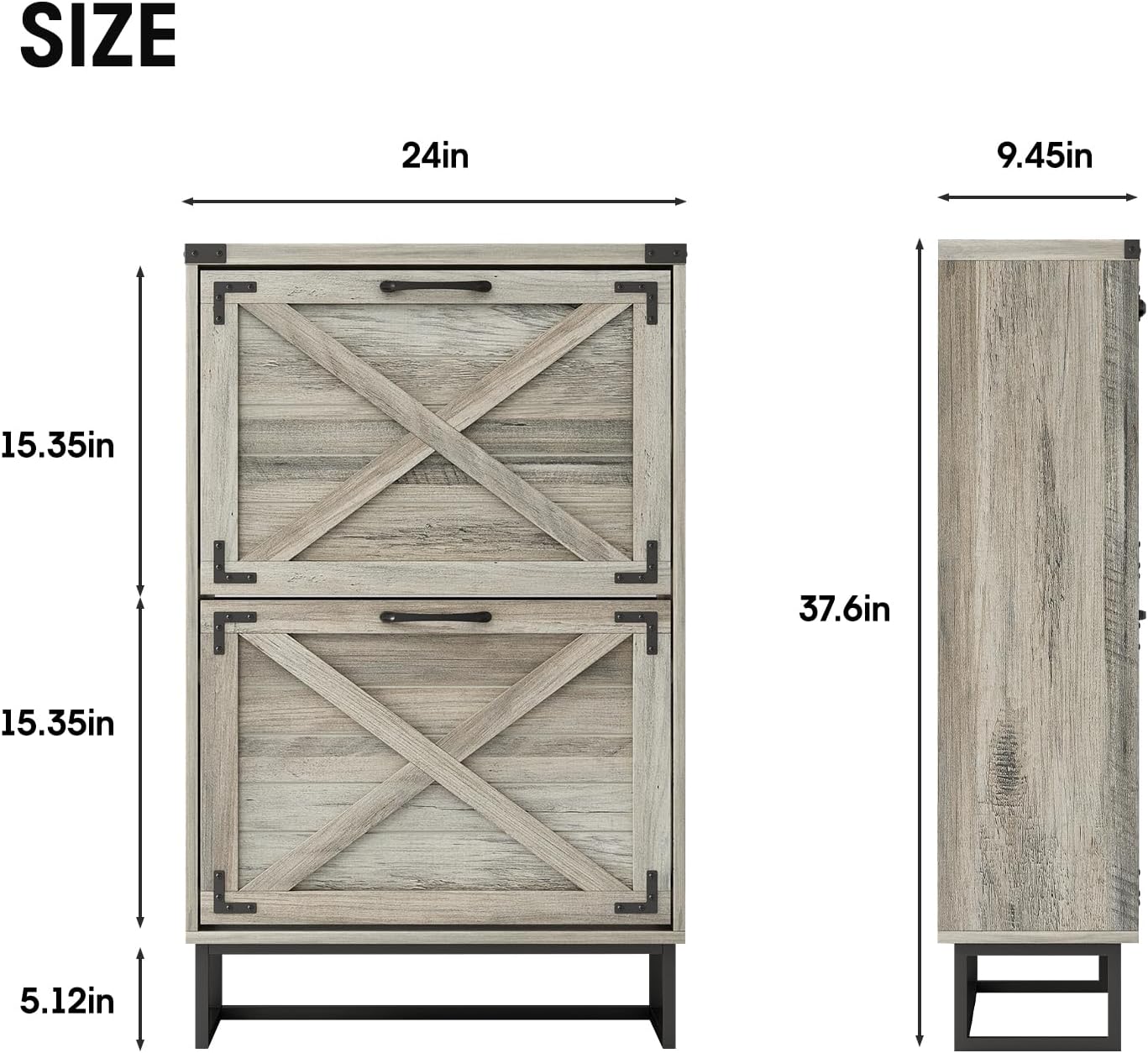 Maupvit 24" W Farmhouse Shoe Cabinet Storage for Entryway, Freestanding Organizer with 2 Flip Drawers, Narrow Shoe Rack Cabinet with Metal Corner Decoration, Washed Gray