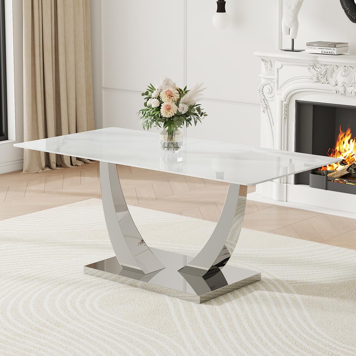 71”Faux Marble Dining Table, Dining Room Table for 6-8, Gold Kitchen Table,0.4 Thickened Marble Pattern Tempered Glass Top with Golden Rectangular Base