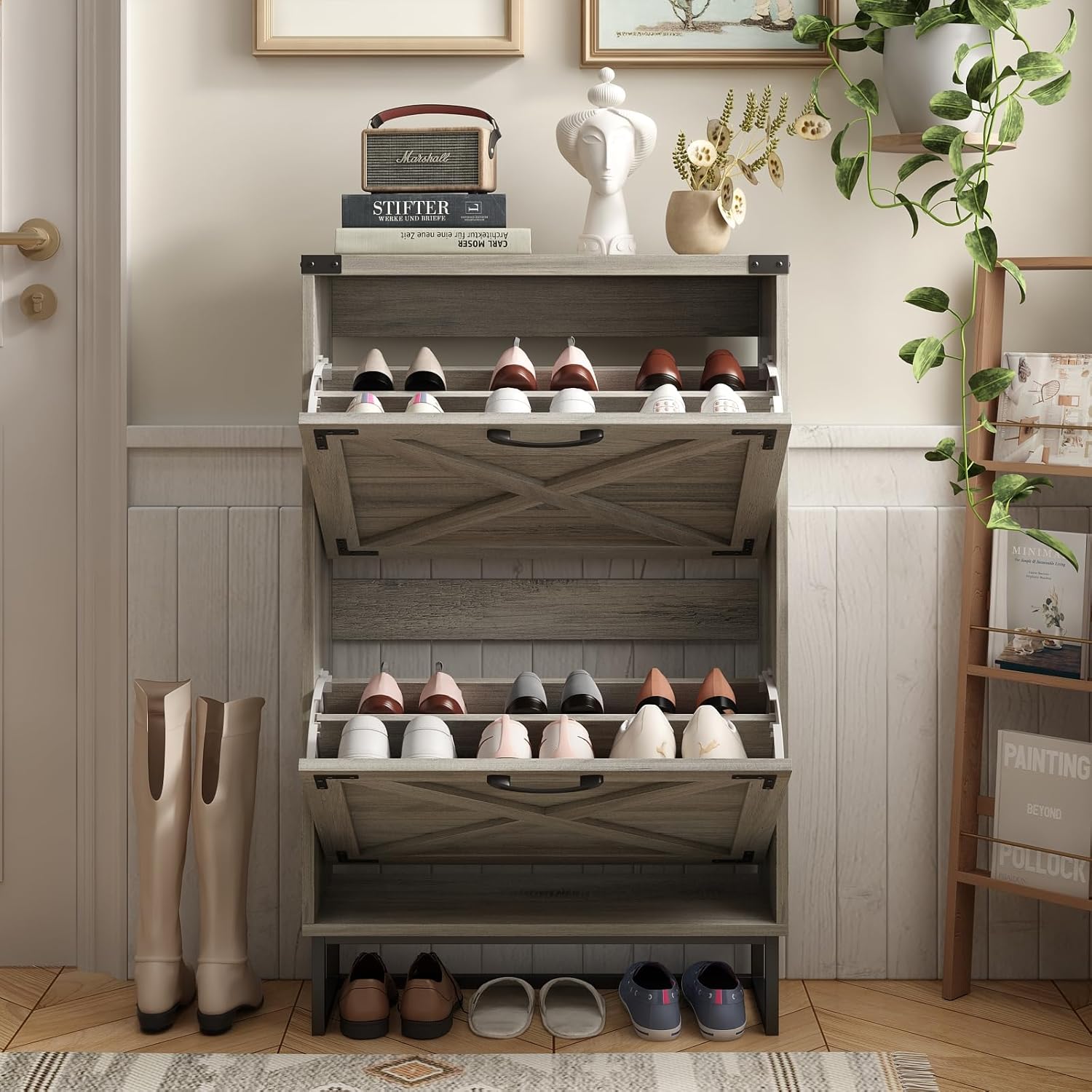 Maupvit 24" W Farmhouse Shoe Cabinet Storage for Entryway, Freestanding Organizer with 2 Flip Drawers, Narrow Shoe Rack Cabinet with Metal Corner Decoration, Washed Gray