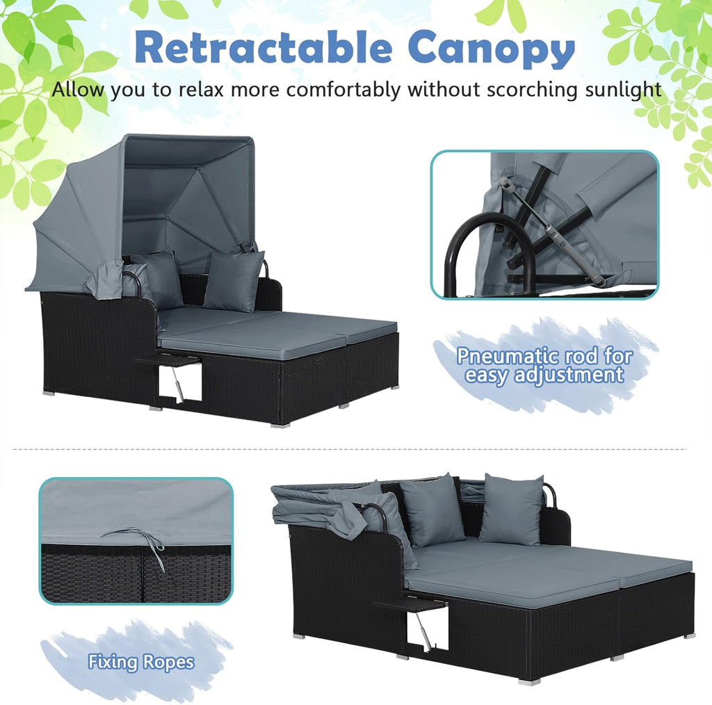 Salches Outdoor Rattan Daybed with Retractable Canopy, High-Resilient Soft Cushions, Foldable Side Trays, Outdoor Bed Loveseat for Garden, Backyard, Porch (Gray)