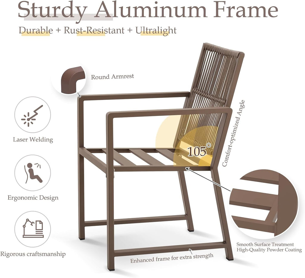 Aluminum Outdoor Patio Dining Chairs - Imitation Rope Vine Chair Ergonomic Backrest Design Detachable Seat Cushion Soft and Breathable Garden Porch, Light Brown Set of 2