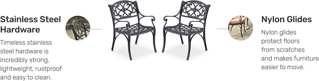 Homestyles Sanibel Black Stationary Cast Aluminum Outdoor Dining Chair (2-Pack), 2 Piece Patio Chairs, Set of 2 Garden Chairs with Armrest & Backrest for Garden Patio Pool Beach Yard, Black