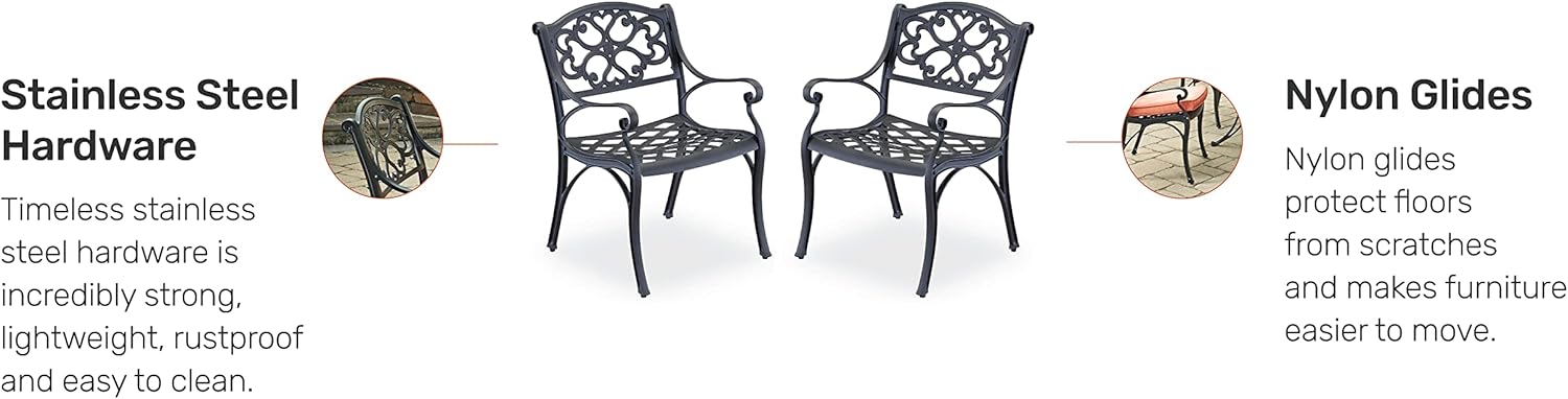 Homestyles Sanibel Black Stationary Cast Aluminum Outdoor Dining Chair (2-Pack), 2 Piece Patio Chairs, Set of 2 Garden Chairs with Armrest & Backrest for Garden Patio Pool Beach Yard, Black
