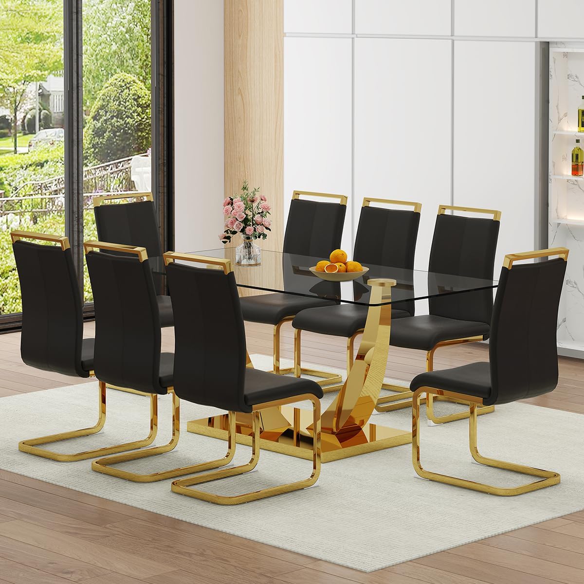 Faux Marble Dining Table Set for 6,71” Modern Dining Room Table Set for 6,Luxury Gold Kitchen Table and 6 White PU Leather Chairs, Rectangular Tempered Glass Table Set with Glossy Marble Top